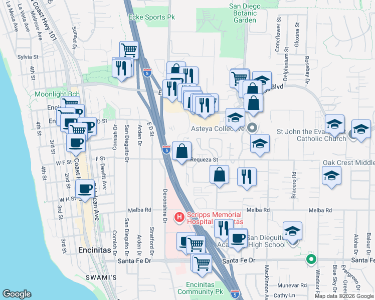map of restaurants, bars, coffee shops, grocery stores, and more near 401 Requeza Street in Encinitas