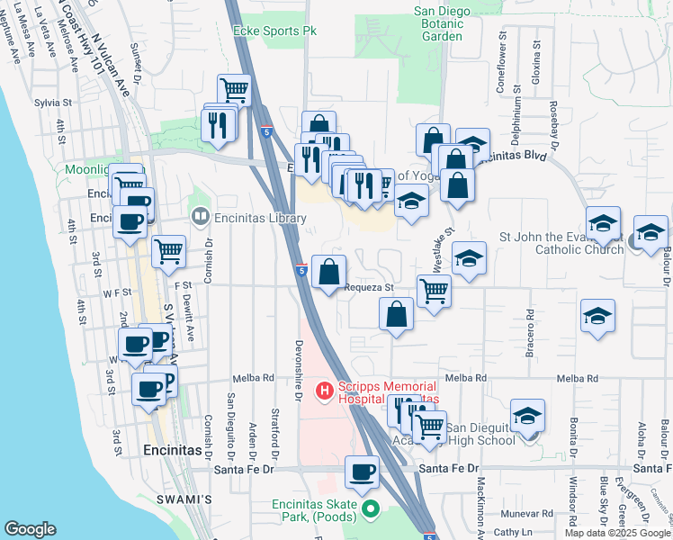 map of restaurants, bars, coffee shops, grocery stores, and more near 406 Pipes Lane in Encinitas