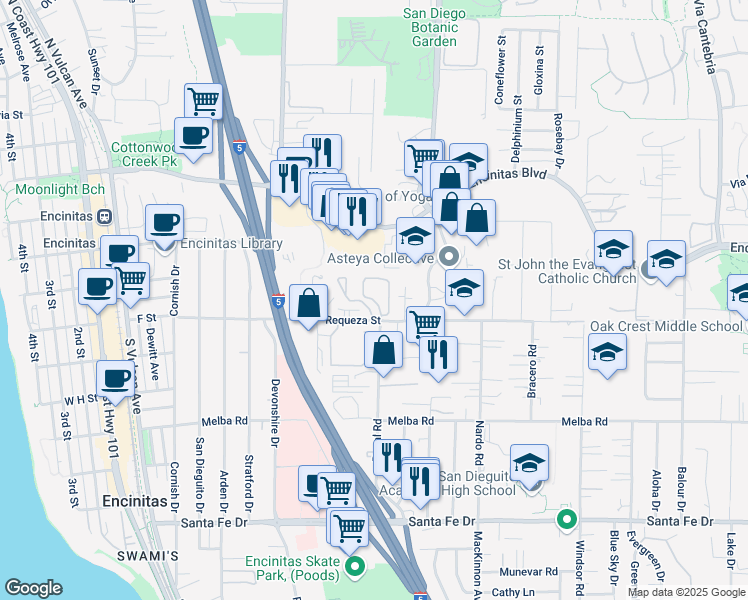 map of restaurants, bars, coffee shops, grocery stores, and more near 454 Requeza Street in Encinitas