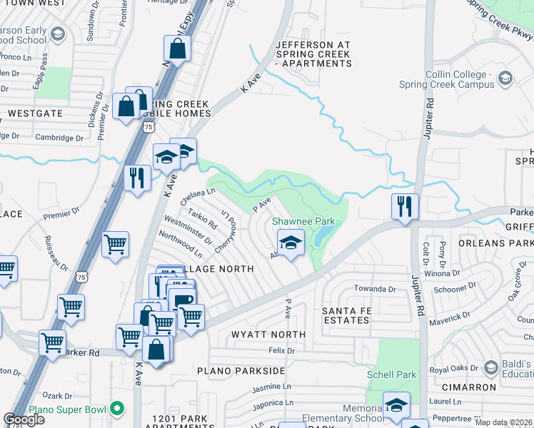 map of restaurants, bars, coffee shops, grocery stores, and more near 3369 Nottingham Lane in Plano