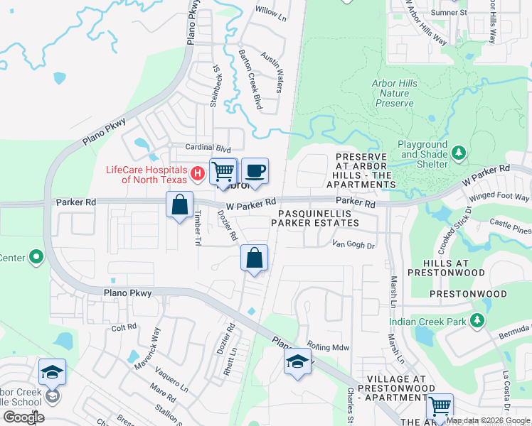 map of restaurants, bars, coffee shops, grocery stores, and more near 2557 Bozeman Lane in Carrollton