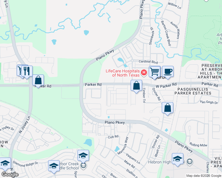 map of restaurants, bars, coffee shops, grocery stores, and more near 4861 Paddock Trail in Carrollton