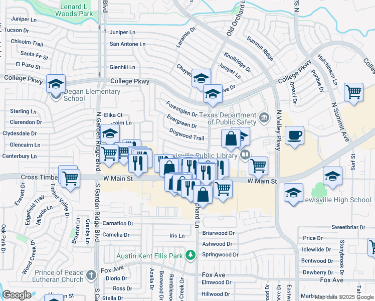 map of restaurants, bars, coffee shops, grocery stores, and more near 101 Beechwood Place in Lewisville