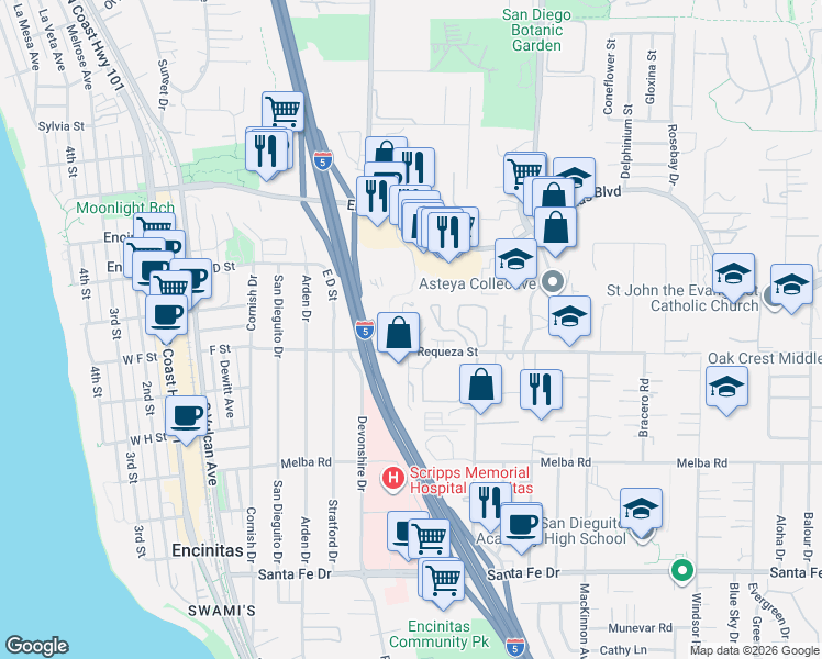 map of restaurants, bars, coffee shops, grocery stores, and more near 410 Pipes Lane in Encinitas