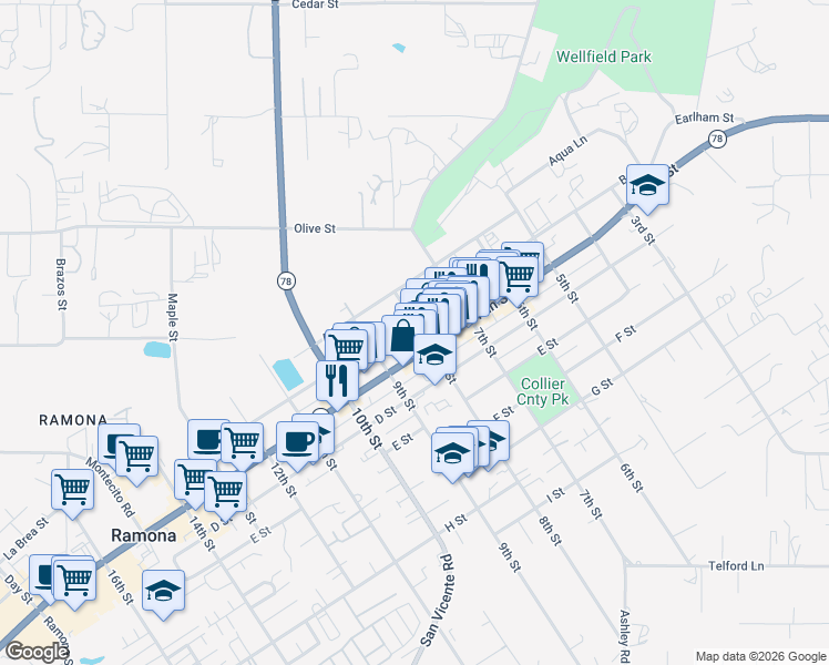 map of restaurants, bars, coffee shops, grocery stores, and more near 845 California 78 in Ramona