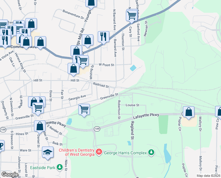map of restaurants, bars, coffee shops, grocery stores, and more near 3 South Barnard Avenue in LaGrange