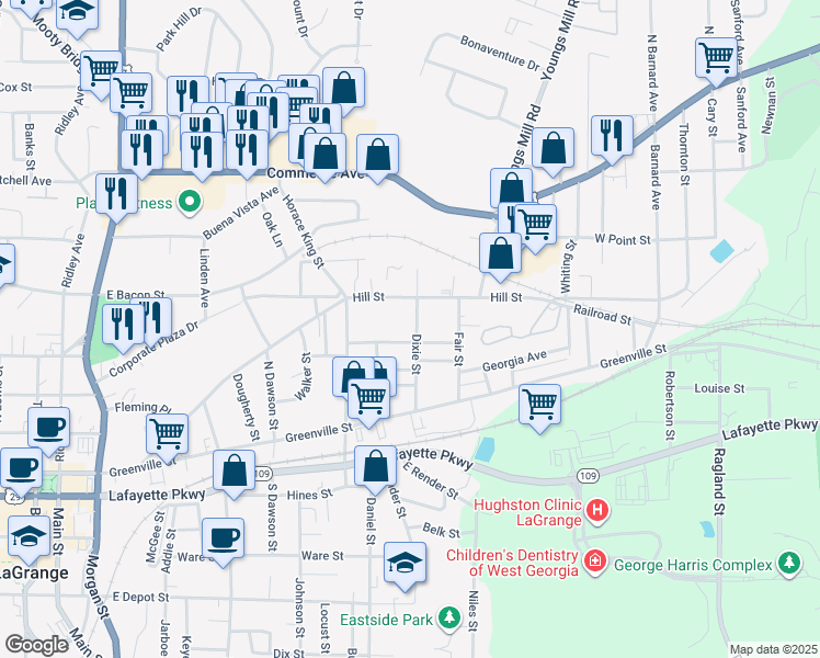 map of restaurants, bars, coffee shops, grocery stores, and more near 700 De Groat Street in LaGrange