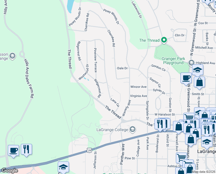 map of restaurants, bars, coffee shops, grocery stores, and more near 315 Lane Circle in LaGrange