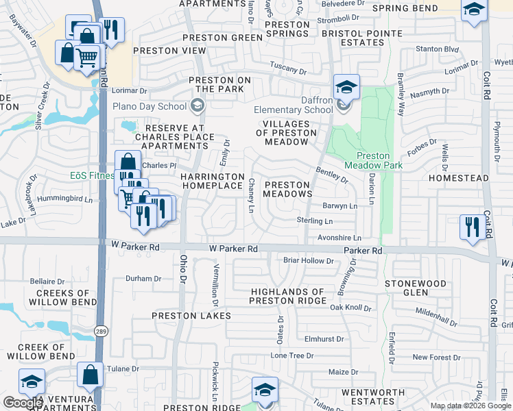 map of restaurants, bars, coffee shops, grocery stores, and more near 3332 Chaney Lane in Plano