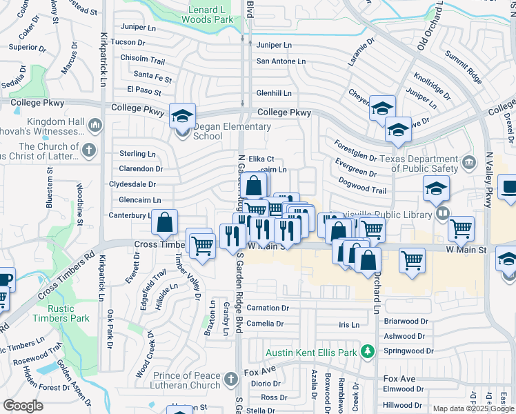 map of restaurants, bars, coffee shops, grocery stores, and more near 301 North Garden Ridge Boulevard in Lewisville