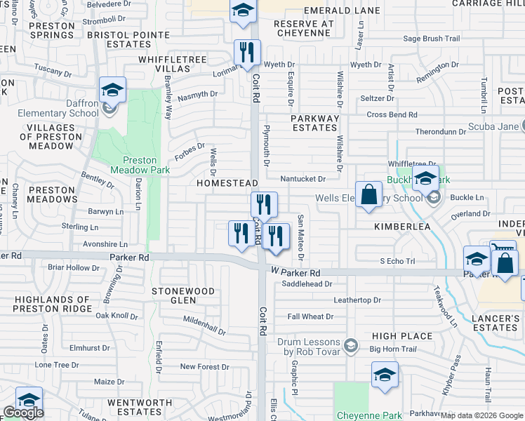 map of restaurants, bars, coffee shops, grocery stores, and more near 3912 Sandia Drive in Plano