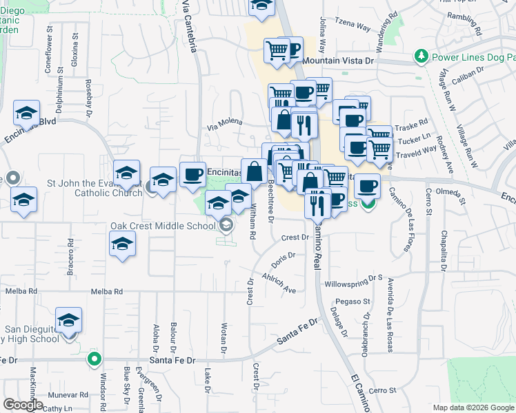 map of restaurants, bars, coffee shops, grocery stores, and more near 147 Witham Road in Encinitas