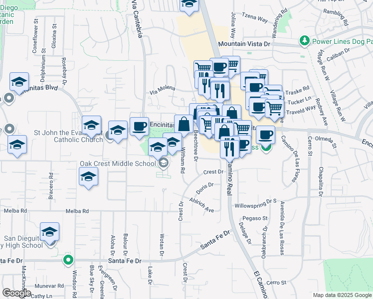 map of restaurants, bars, coffee shops, grocery stores, and more near 147 Witham Road in Encinitas