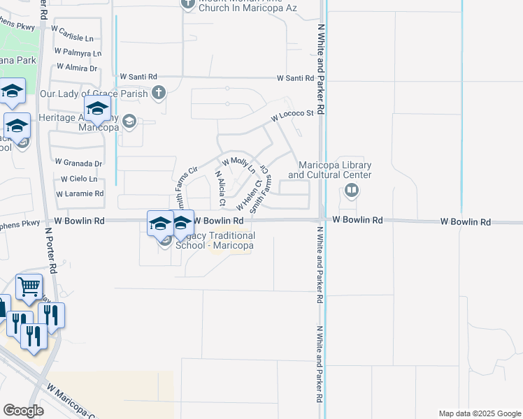 map of restaurants, bars, coffee shops, grocery stores, and more near 40219 West Mary Lou Drive in Maricopa