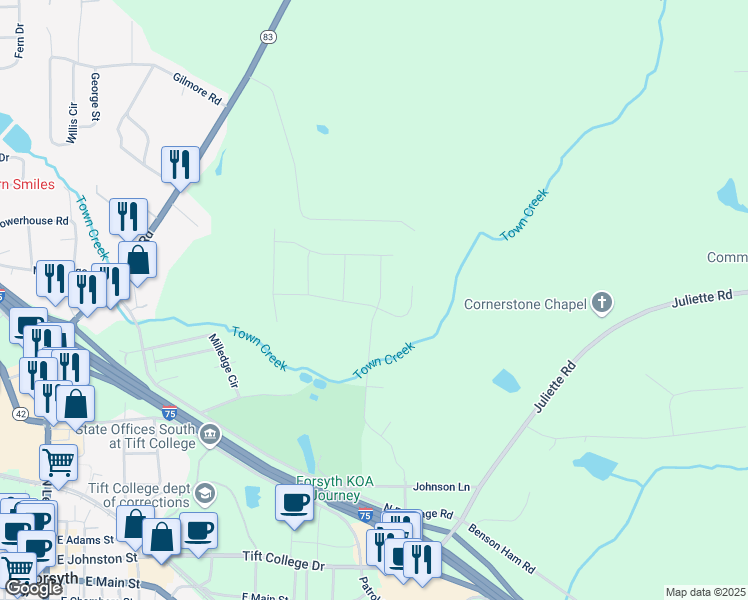 map of restaurants, bars, coffee shops, grocery stores, and more near 5311 Felles Way in Forsyth