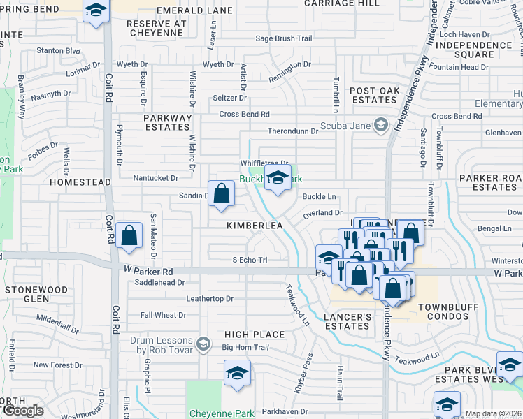map of restaurants, bars, coffee shops, grocery stores, and more near 3601 Mission Ridge Road in Plano