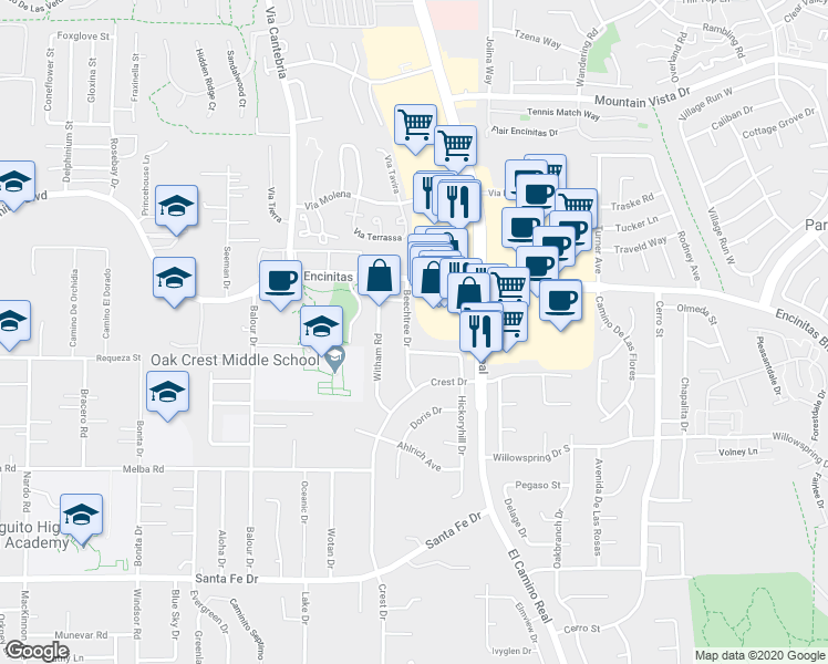 map of restaurants, bars, coffee shops, grocery stores, and more near 157 Beechtree Drive in Encinitas