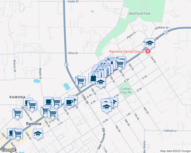 map of restaurants, bars, coffee shops, grocery stores, and more near 808 B Street in Ramona