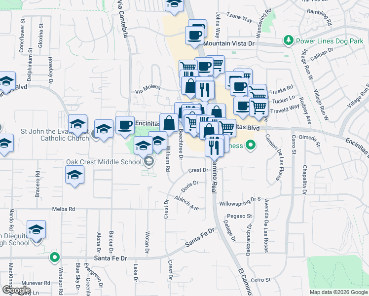 map of restaurants, bars, coffee shops, grocery stores, and more near 157 Beechtree Drive in Encinitas