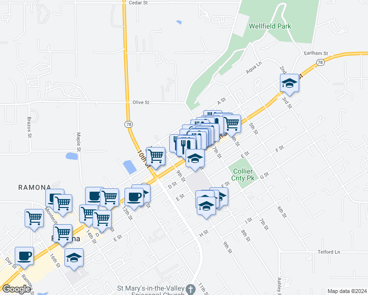 map of restaurants, bars, coffee shops, grocery stores, and more near 115 8th Street in Ramona