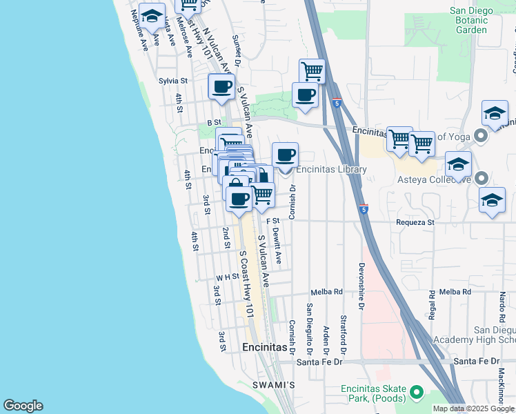 map of restaurants, bars, coffee shops, grocery stores, and more near in Encinitas