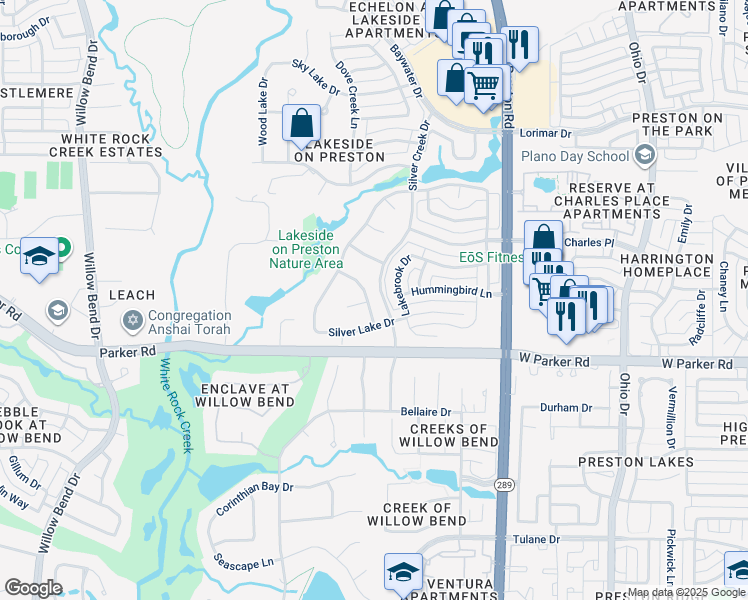 map of restaurants, bars, coffee shops, grocery stores, and more near 3513 Lakebrook Drive in Plano