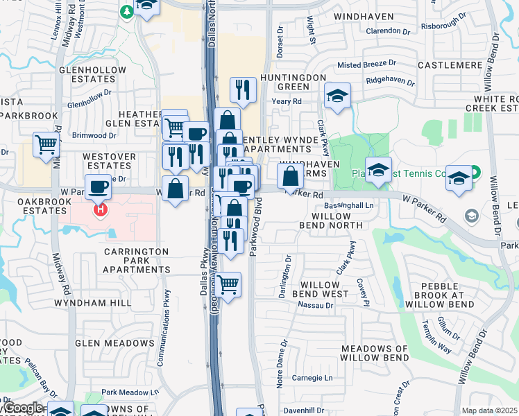 map of restaurants, bars, coffee shops, grocery stores, and more near 3220 Parkwood Boulevard in Plano
