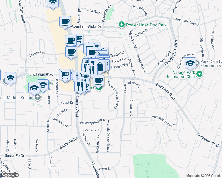 map of restaurants, bars, coffee shops, grocery stores, and more near 1543 Calle Violetas in Encinitas
