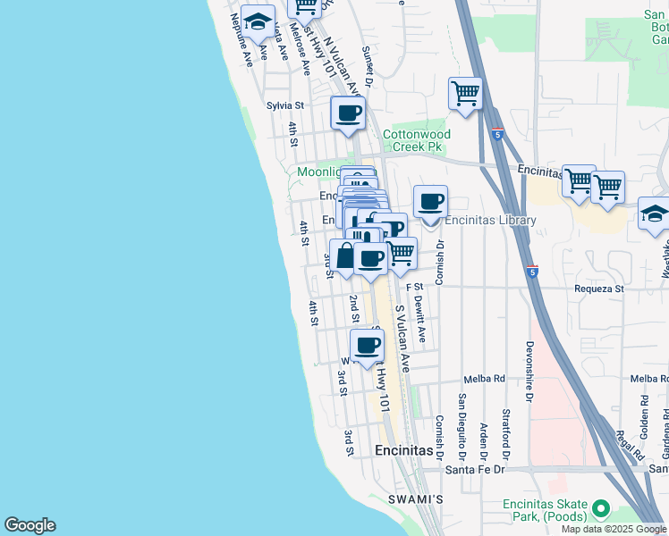 map of restaurants, bars, coffee shops, grocery stores, and more near 547 3rd Street in Encinitas