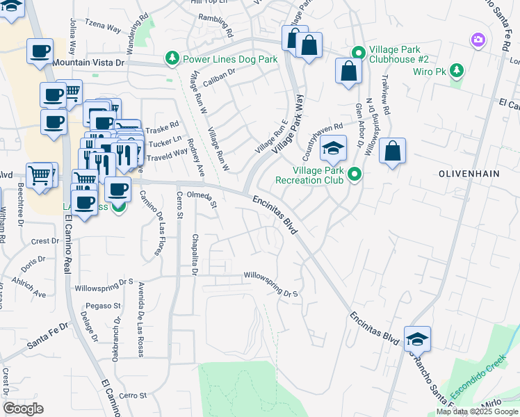 map of restaurants, bars, coffee shops, grocery stores, and more near 1742 Belle Meade Road in Encinitas