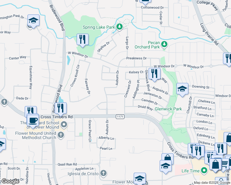 map of restaurants, bars, coffee shops, grocery stores, and more near 4325 Auburn Drive in Flower Mound