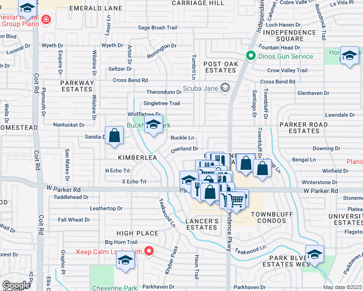 map of restaurants, bars, coffee shops, grocery stores, and more near 3329 Buckle Lane in Plano