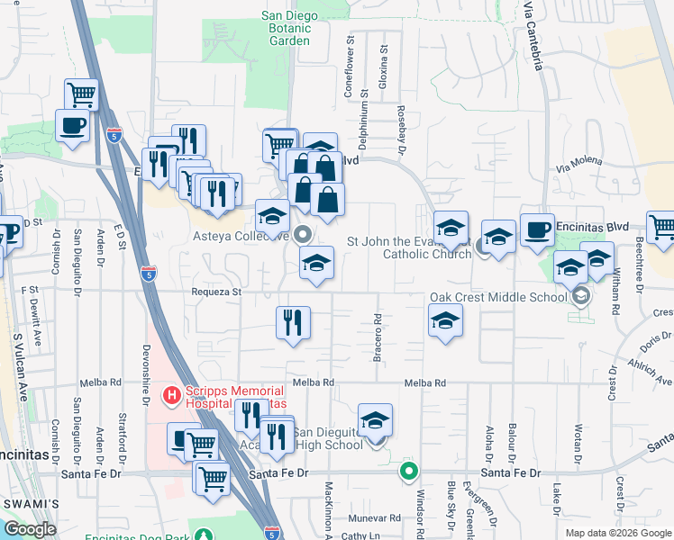 map of restaurants, bars, coffee shops, grocery stores, and more near 591 Westlake Street in Encinitas