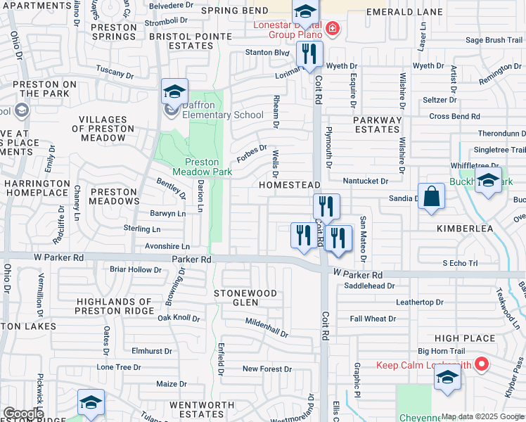 map of restaurants, bars, coffee shops, grocery stores, and more near 4120 Mcclary Drive in Plano