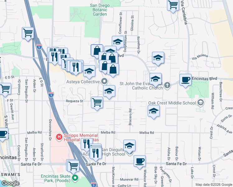 map of restaurants, bars, coffee shops, grocery stores, and more near 664 Sea Ridge Court in Encinitas