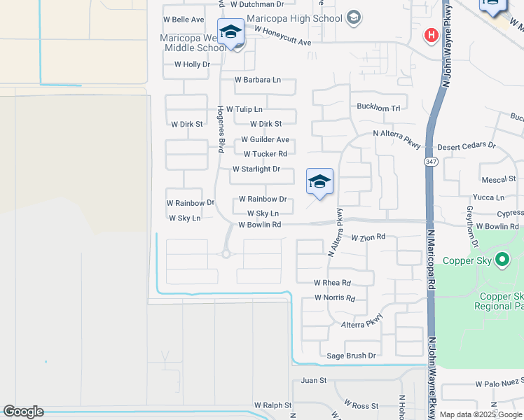 map of restaurants, bars, coffee shops, grocery stores, and more near 45644 Sky Lane in Maricopa