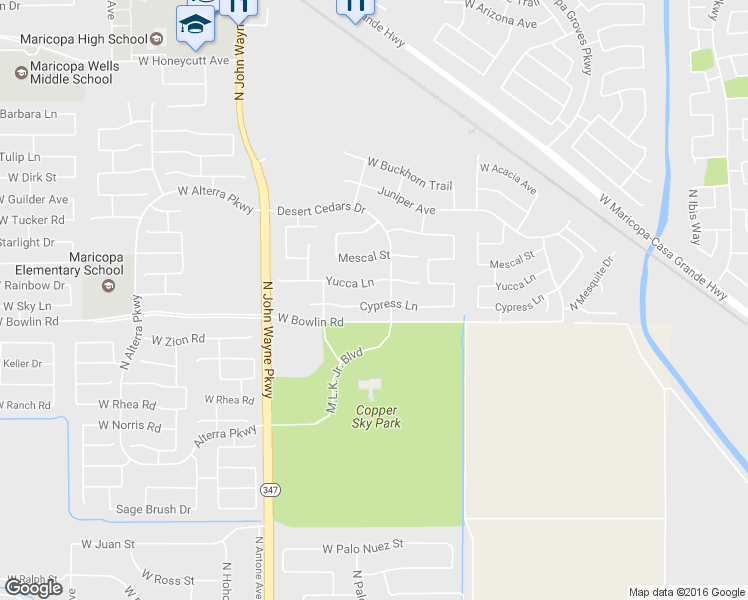 map of restaurants, bars, coffee shops, grocery stores, and more near 44258 West Cypress Lane in Maricopa