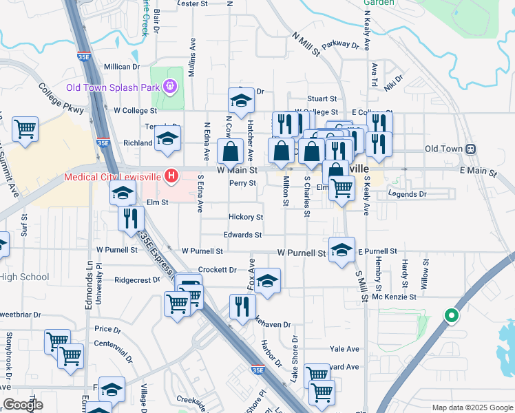 map of restaurants, bars, coffee shops, grocery stores, and more near 350 Elm Street in Lewisville