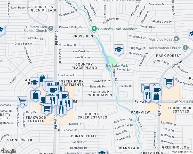 map of restaurants, bars, coffee shops, grocery stores, and more near 1605 Tree House Lane in Plano