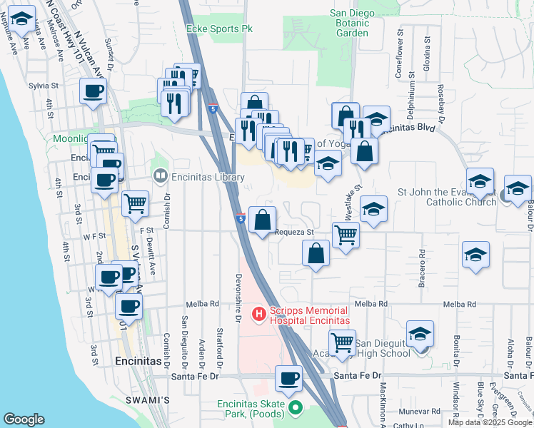 map of restaurants, bars, coffee shops, grocery stores, and more near 401 Swamis Lane in Encinitas