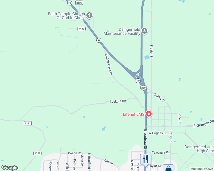 map of restaurants, bars, coffee shops, grocery stores, and more near Heritage Hills Drive in Daingerfield