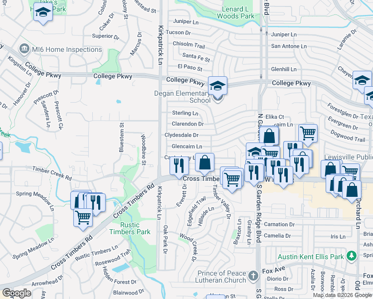 map of restaurants, bars, coffee shops, grocery stores, and more near 1749 Glencairn Lane in Lewisville