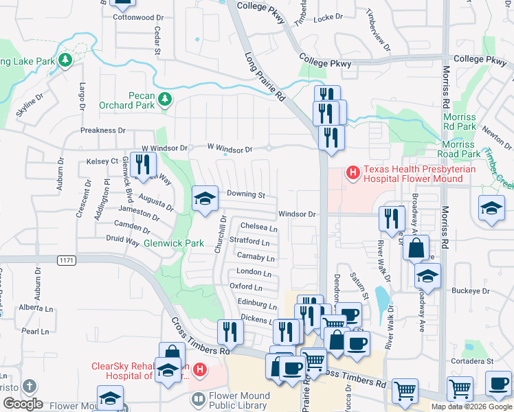 map of restaurants, bars, coffee shops, grocery stores, and more near 2909 Downing Street in Lewisville