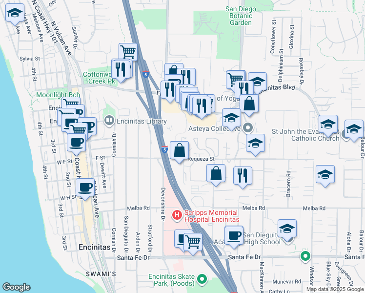 map of restaurants, bars, coffee shops, grocery stores, and more near 401 Swamis Lane in Encinitas