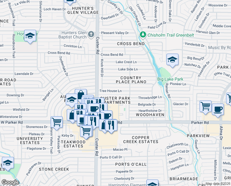 map of restaurants, bars, coffee shops, grocery stores, and more near 1905 Tree House Lane in Plano