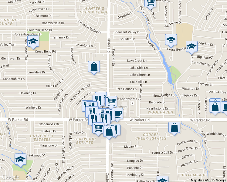 map of restaurants, bars, coffee shops, grocery stores, and more near 2014 Treehouse Ln in Plano