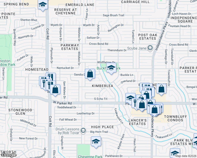 map of restaurants, bars, coffee shops, grocery stores, and more near 3509 Canoncita Lane in Plano