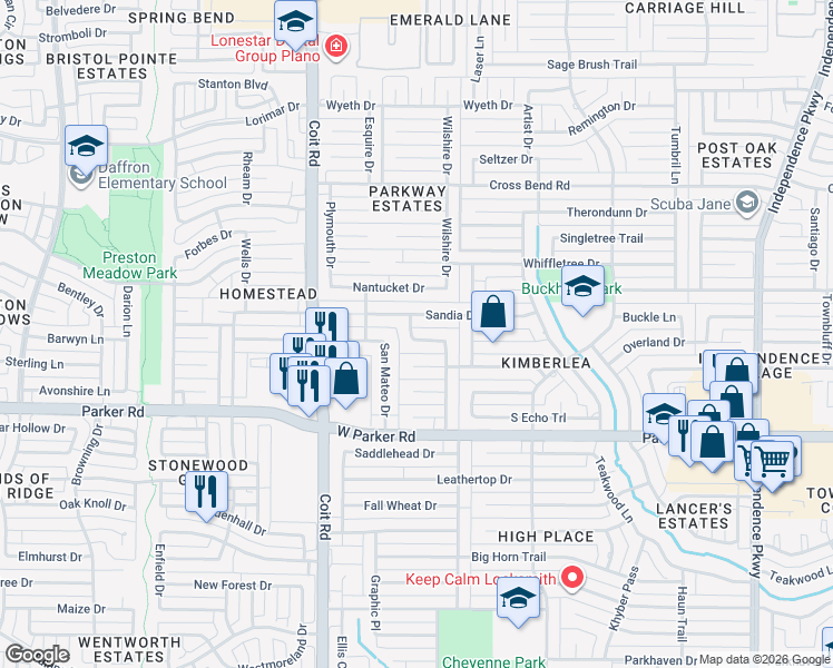 map of restaurants, bars, coffee shops, grocery stores, and more near 3728 Sandia Drive in Plano