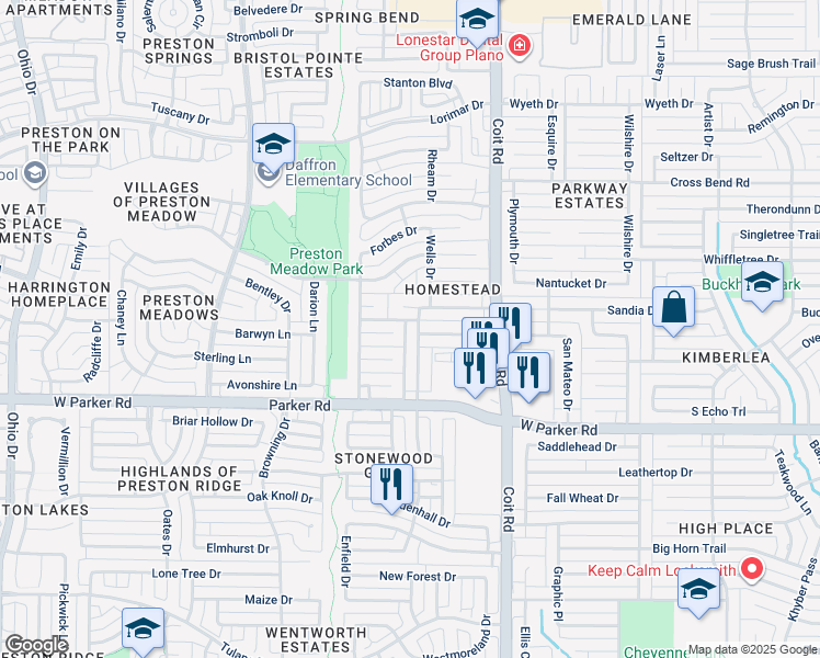 map of restaurants, bars, coffee shops, grocery stores, and more near 4120 Mcclary Drive in Plano