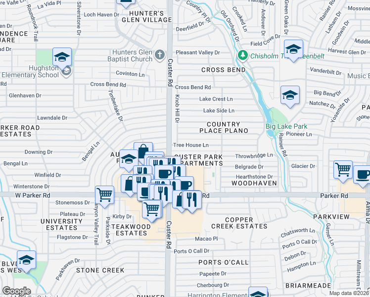 map of restaurants, bars, coffee shops, grocery stores, and more near 2005 Tree House Lane in Plano